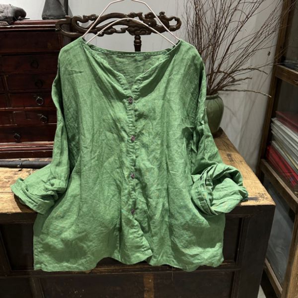 燕燕~棉麻商品~春季。苧麻 文藝復古開衫無領鈕扣落肩小衫上衣 長袖棉麻衫 