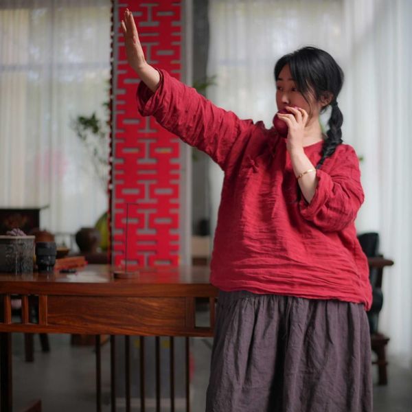 燕燕~夏季新款～復古盤扣亞麻立領中國風寬鬆中式襯衫 