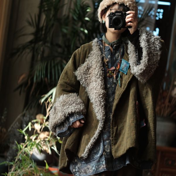 燕燕~秋冬新款 復古文藝羊捲毛翻領夾棉棉衣外套 ab227601 