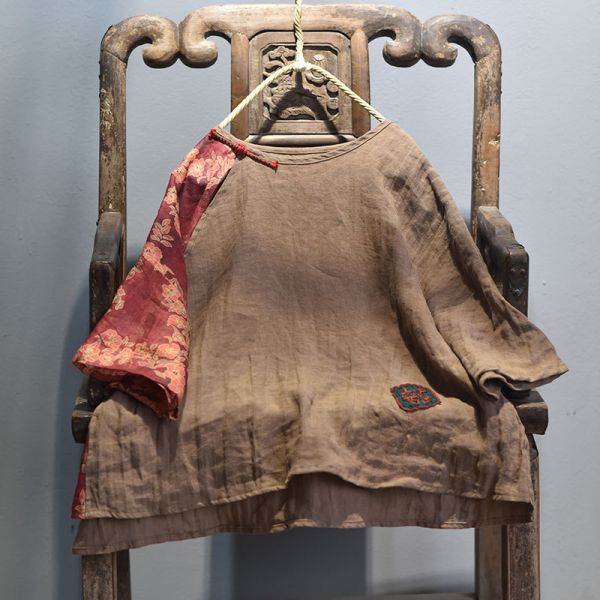 燕燕~棉麻商品~亞麻材質 拼布斜襟盤扣上衣 七分袖棉麻衫 