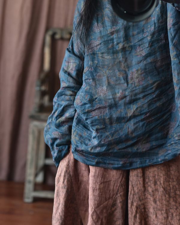 燕燕. 苧麻 撞色休閒輕薄上衣 復古寬鬆襯衫 長袖棉麻衫 