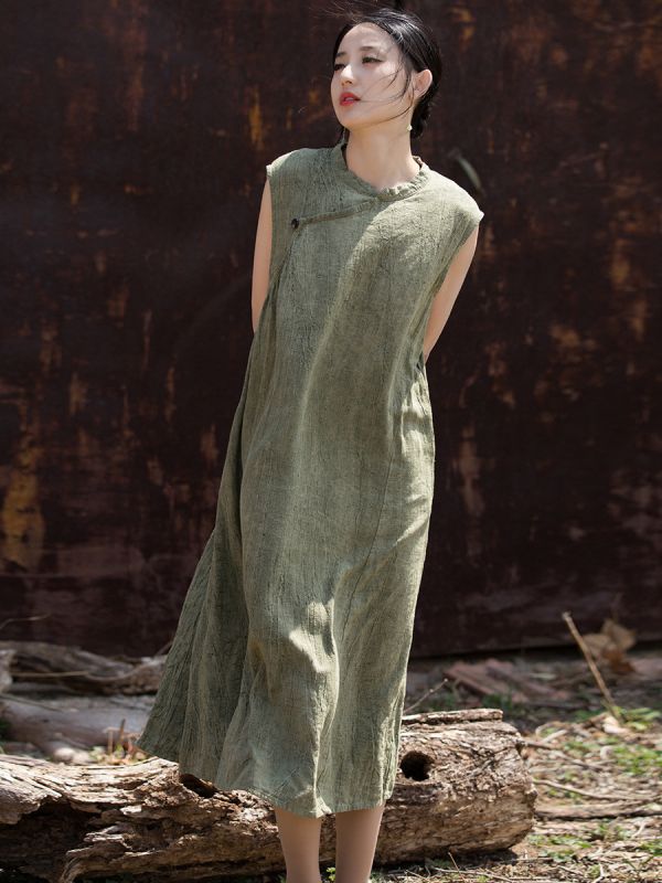 燕燕～秋冬薄款 苧麻棉手工紮染國風改良 無袖洋裝連身裙 