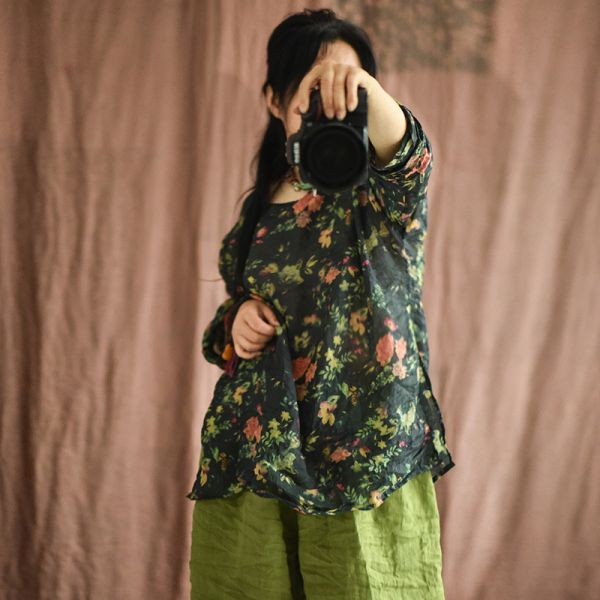 燕燕~棉麻商品~春夏款   輕薄苧麻 數碼印花寬鬆大碼復古文藝女式襯衫 上衣 長袖棉麻衫 