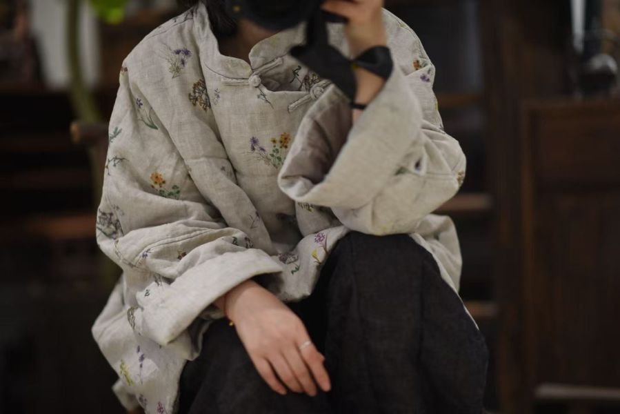 燕燕~秋季新款 亞麻印花偏襟復古盤扣套頭中長袍上衣 abFZ100201  (此件商品不退換） 