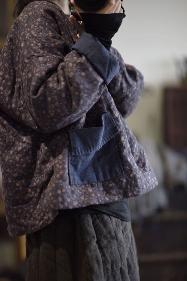 燕燕~棉麻商品~冬季款  亞麻 復古印花寬鬆圓領半開短款棉服上衣 