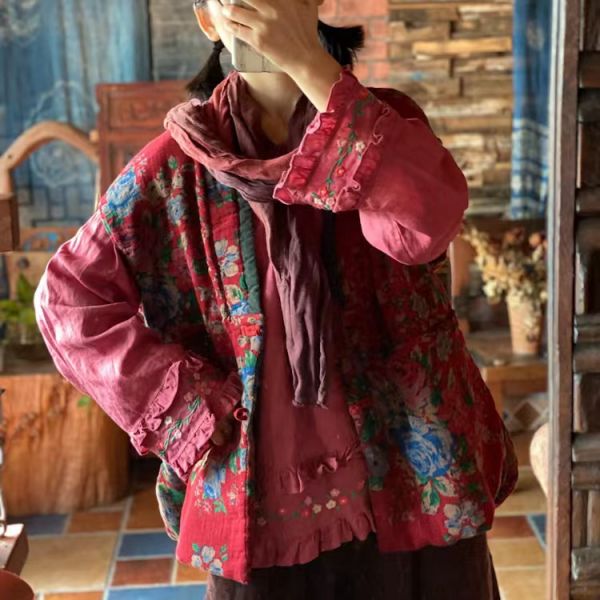 燕燕~棉麻商品~棉麻。  撞色領寬鬆落肩夾棉坎肩背心  ab192601 