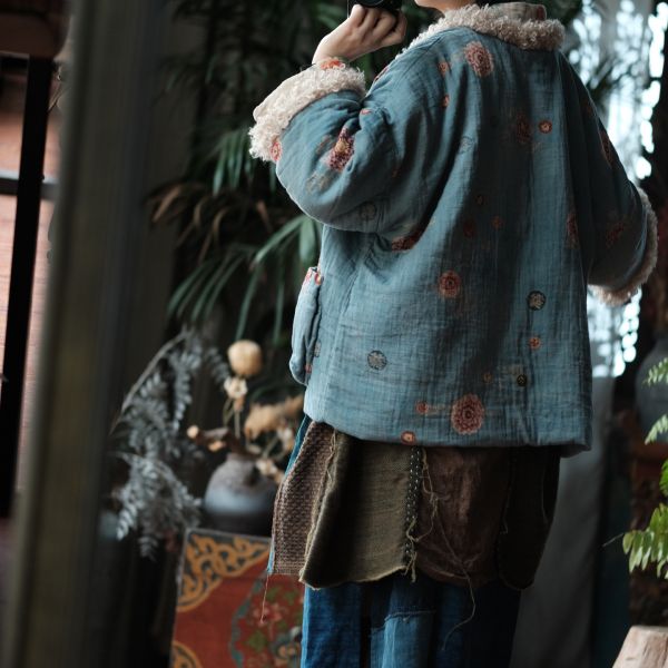 燕燕～復古文藝羊羔絨拼接印花寬鬆棉衣外套 ab226601 