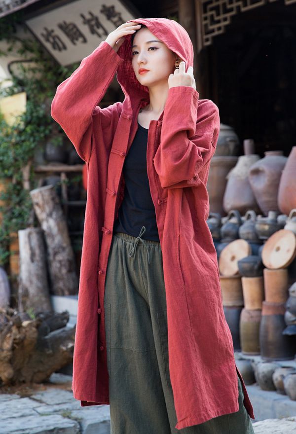 燕燕~棉麻商品~秋冬款 秋冬新款 苧麻棉   砂洗盤扣連帽禪意女式披風袍子外衣外套 