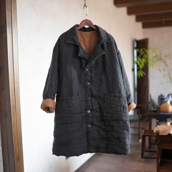 燕燕～秋冬款 加厚苧麻過冬厚棉衣大版寬鬆 長版西服外套 