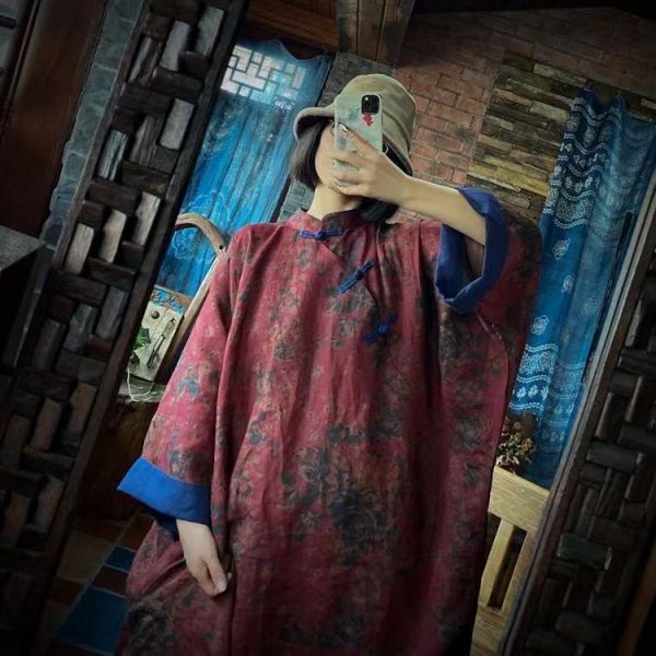 燕燕~棉麻商品~秋款 純亞麻 復古印花盤扣中式長袍洋裝 連身裙 