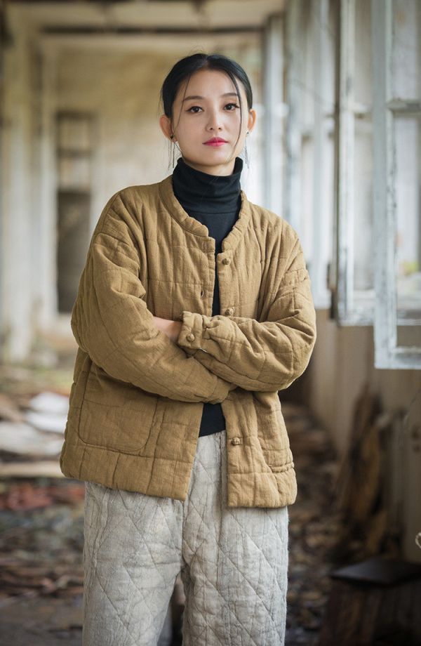 燕燕~冬季新款 莧麻夾棉絎縫方格棉襖棉服時尚文藝個性女式短棉衣外套 
