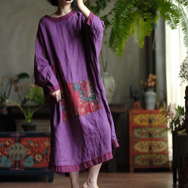 燕燕. 純麻   毛邊撞色大袍洋裝 連身裙。ab143601 