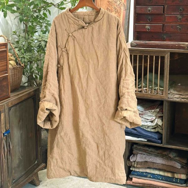 燕燕~砂洗亞麻 偏襟盤扣寬鬆棉衣長袍洋裝 連身裙 