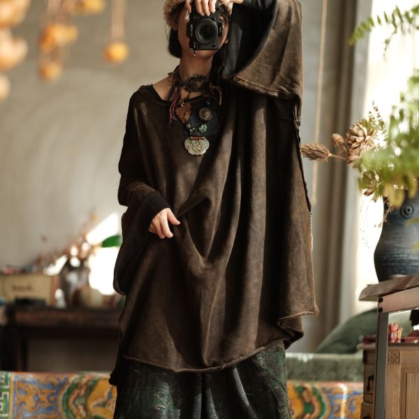 燕燕~復古文藝氛圍感寬鬆純棉中長款T恤 長版上衣 （寬鬆版型）abGMJ59901 