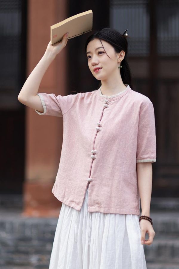 燕燕~夏季新款 莧麻改良小衫 盤扣文藝小清新短袖襯衫 撞色開襟衫 
