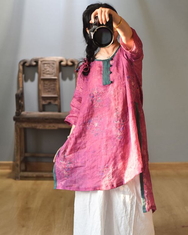 燕燕~棉麻商品~純苧麻材質 數碼印花盤扣中長款前短後長上衣 洋裝 連身裙 