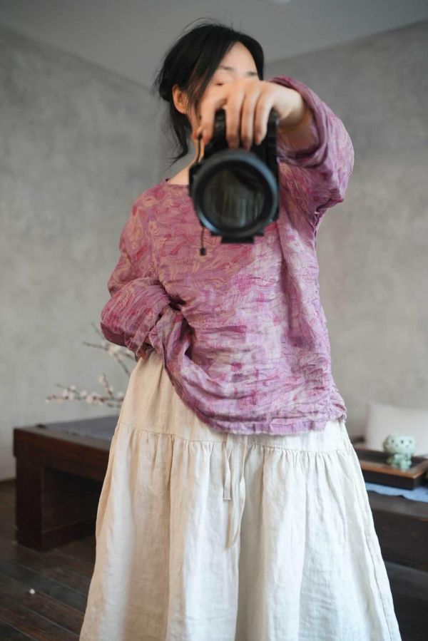 燕燕~夏季中式亞麻 復古寬鬆中式上衣女款圓領上衣 