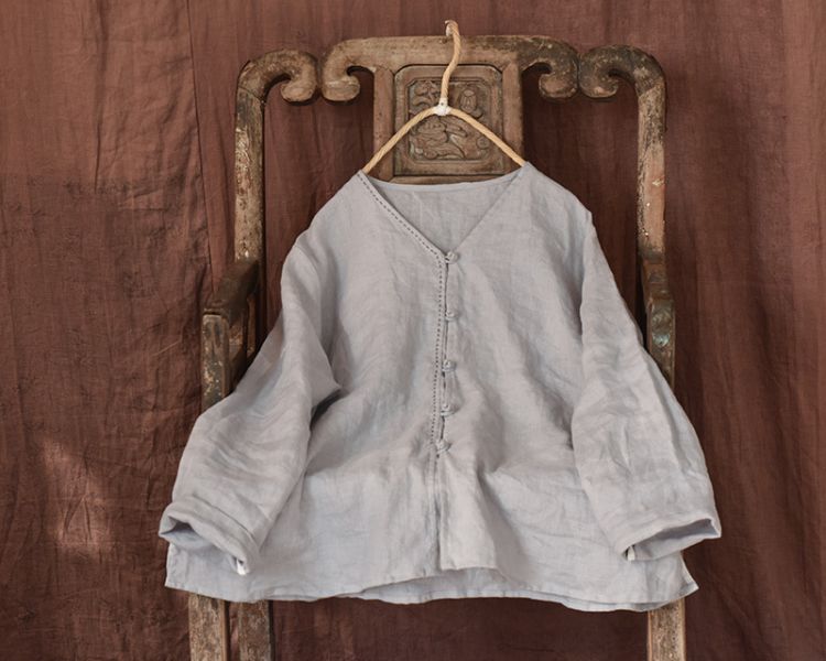 燕燕~棉麻商品~ 春秋款. 砂洗亞麻. 寬鬆文藝襯衫 手縫線開衫上衣  盤扣短外套 
