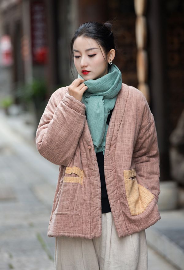 燕燕~棉麻商品~秋冬新品 亞麻   炒色做舊夾棉加厚改良禪意風女式棉服棉衣外套 