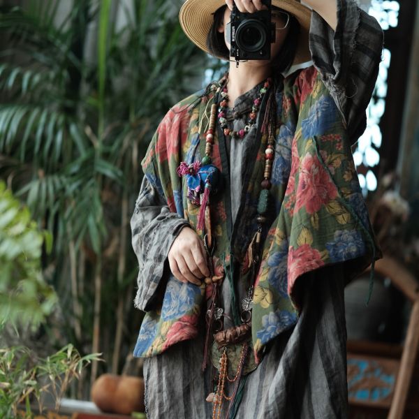 燕燕~棉麻商品~雙層棉紗     寬鬆夾棉繫帶花背心棉麻杉  ab200401 