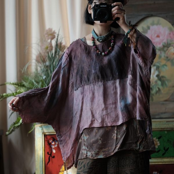 燕燕~輕訂製 植物染毛邊圓領寬鬆小衫 上衣  ab208901 （植物染商品顏色不會一模一樣喔） 
