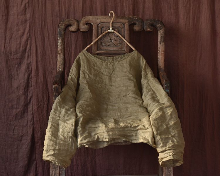 燕燕～春夏款  輕薄苧麻   文藝圓領手縫線套頭小衫 上衣 襯衫 長袖棉麻衫 