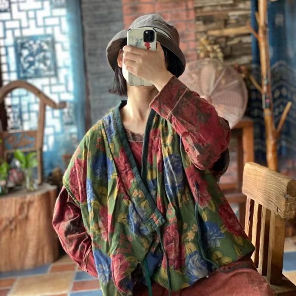 燕燕~棉麻商品~雙層棉紗     寬鬆夾棉繫帶花背心棉麻杉  ab200401 