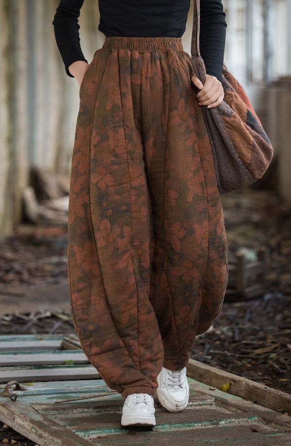 燕燕～秋冬新款 手染夾棉絎縫褲子12片拼接文藝燈籠褲女式棉褲 