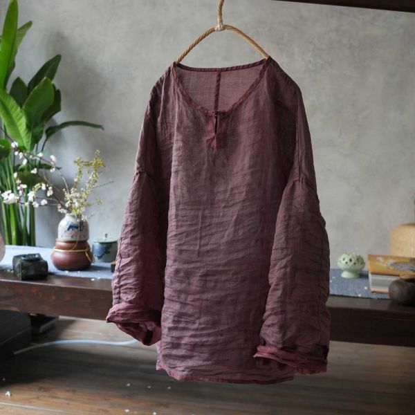燕燕~四季款 雙色苧麻 雙面穿 盤扣長袖女襯衫 文藝復古圓領上衣 
