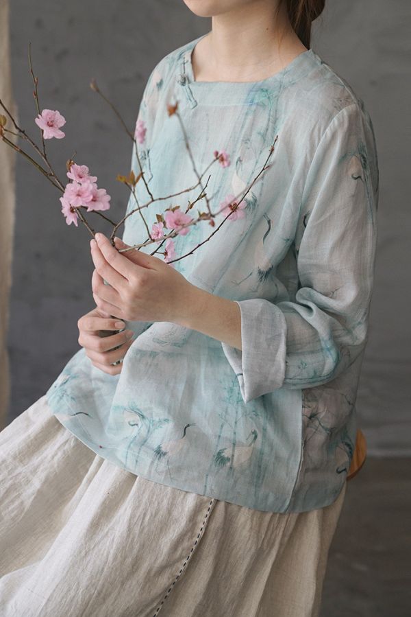 燕燕~夏苧麻漢服禪意文藝茶服國風上衣襯衫復古印花修禪服 七分袖棉麻衫 