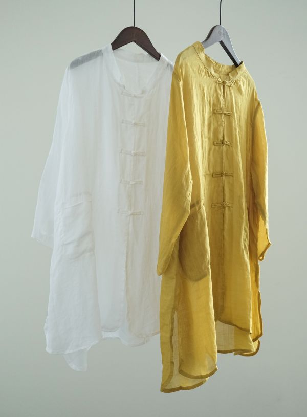 燕燕~棉麻商品~苧麻 仙氣清透中式盤扣防曬 寬鬆中性長開衫 襯衫 ab2303001 