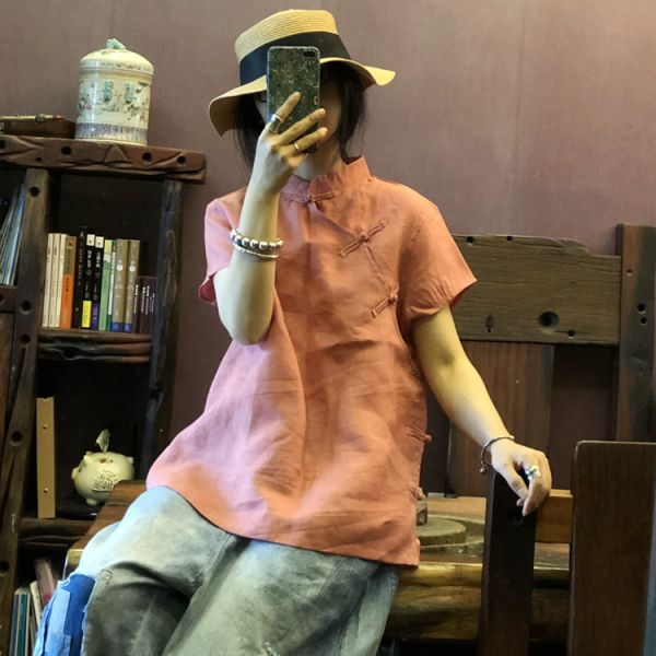 燕燕～純亞麻 中式改良側開襟 色織短袖小衫 上衣 短袖棉麻衫  ab153201 