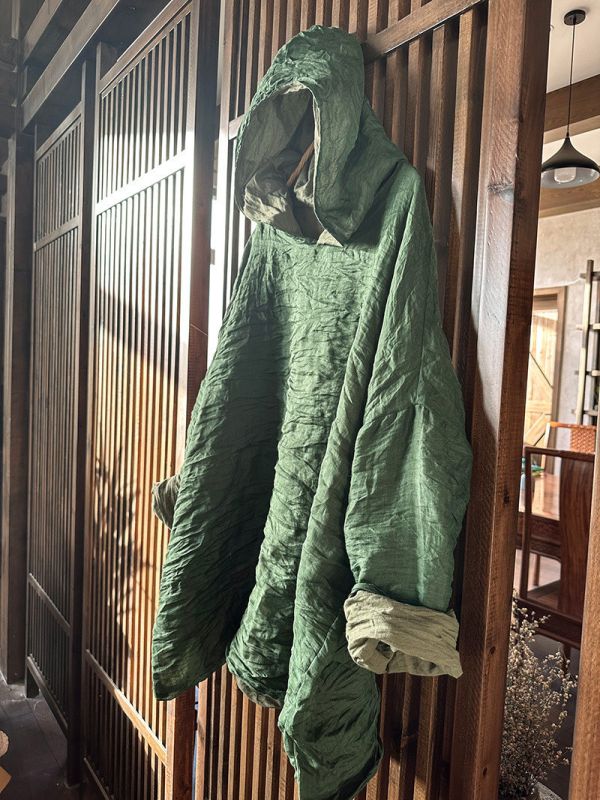 燕燕~原創～苧麻雙層中長連帽寬鬆上衣  文藝復古百搭休閒風衣外套 