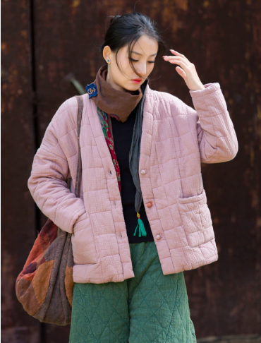 燕燕~冬季新款    雙層夾棉肌理感方格絎縫棉襖棉服柔軟保暖文藝盤扣棉衣外套 