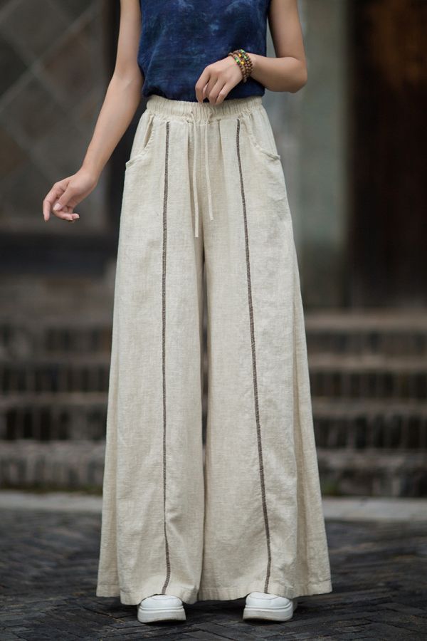 秋季新款 苧麻砂洗個性小眾文藝百搭女式寬褲 長褲 