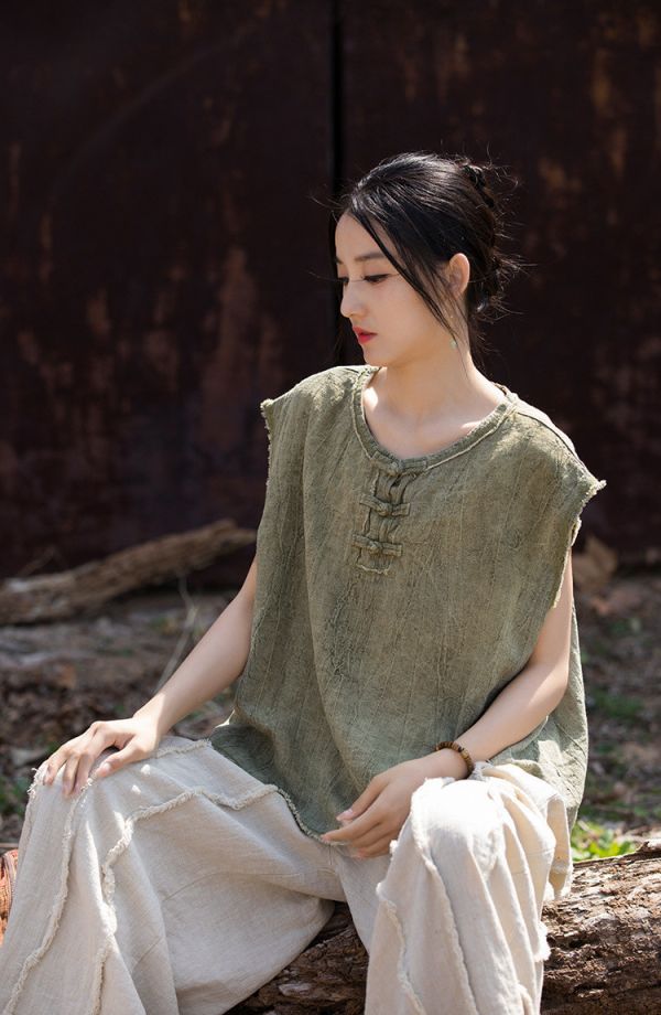 燕燕~亞麻~夏薄款  紮染盤扣百搭背心 