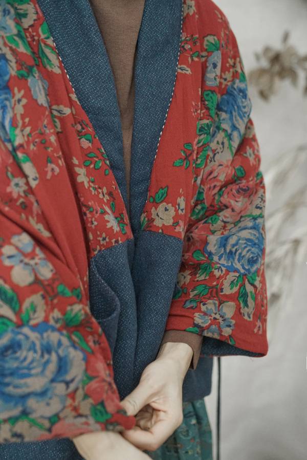 燕燕棉麻～復古中國風印花斜襟撞色夾棉外套 漢服寬鬆禪意棉衣 ab2133601 