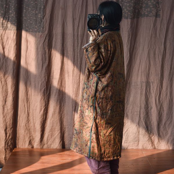 燕燕~棉麻商品~秋冬款 亞麻 印花斜襟盤扣文藝加長棉袍 寬鬆保暖棉衣上衣 連身裙 