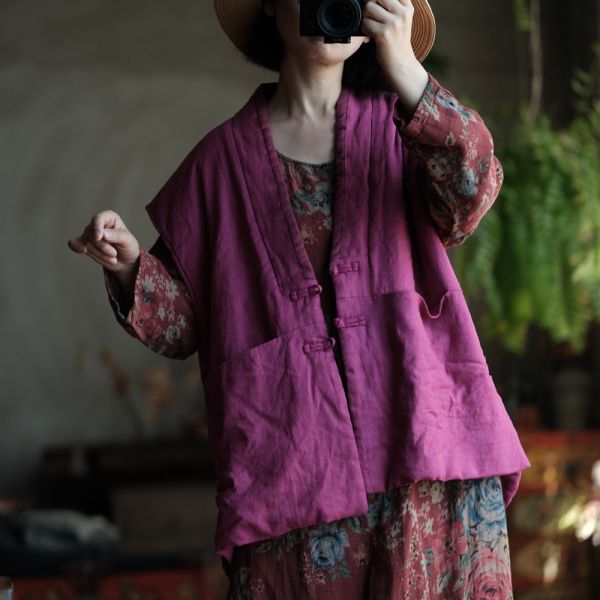 燕燕~棉麻商品~純亞麻。做舊雪花洗撞色領寬鬆夾棉坎肩背心  ab192601 