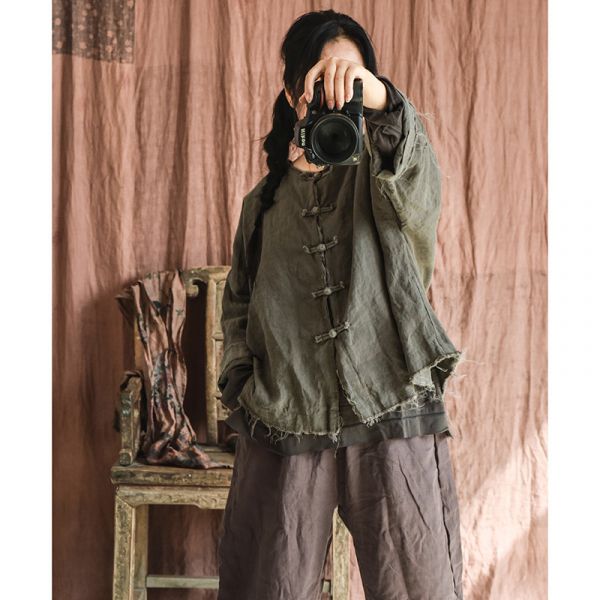 燕燕~亞麻 做舊毛邊上衣  撞色寬鬆盤扣女式短款開衫外套 