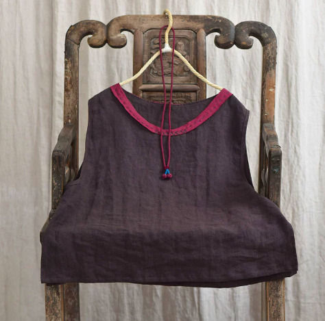 燕燕~亞麻撞色領文藝復古背心 