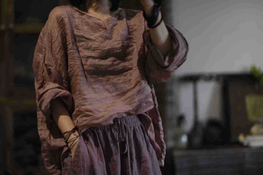 燕燕～夏季  輕薄苧麻落 文藝復古落肩套頭小衫上衣 長袖棉麻衫 