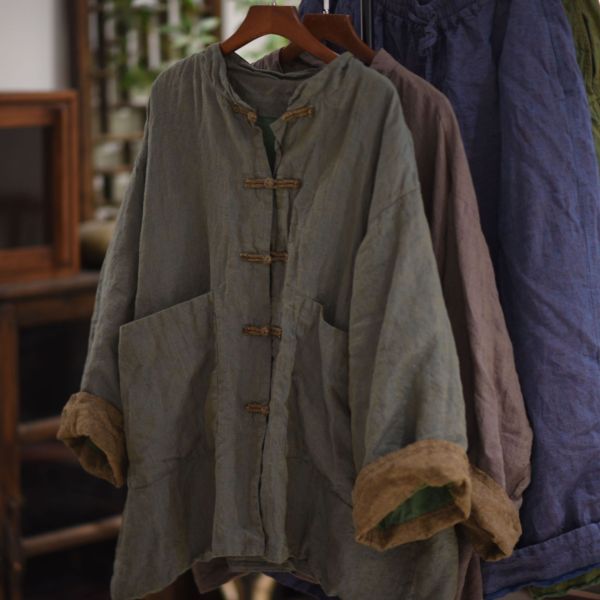 燕燕~棉麻商品~色織漢麻中式盤扣復古立領雙層開襟衫 上衣 外套 ab26801 