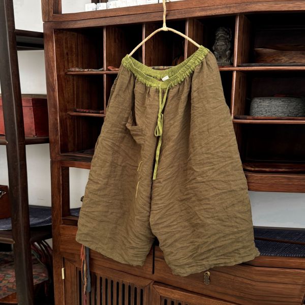 燕燕～亞麻～高品質砂洗寬鬆寬腿中褲 