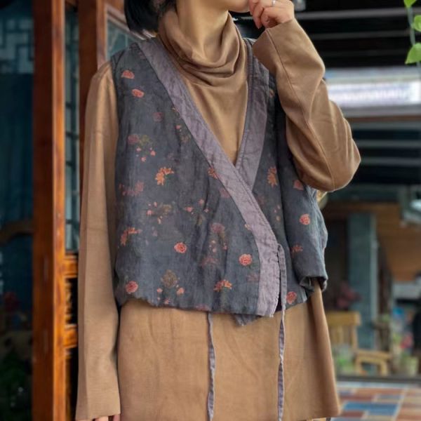 燕燕~棉麻商品~亞麻 文藝印花寬鬆棉背心 上衣 
