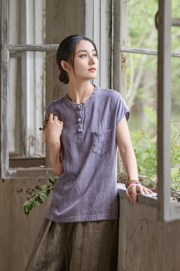 燕燕~秋季新款～亞麻紮染改良新中式盤扣文藝百搭女式短袖T恤 上衣 