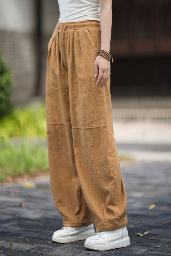 燕燕~秋新款 苧麻砂洗文藝百搭鬆緊腰長褲 哈倫褲 