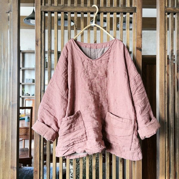 燕燕～秋冬款 亞麻    v領夾棉小襖文藝保暖上衣 寬鬆復古棉衣棉服上衣 