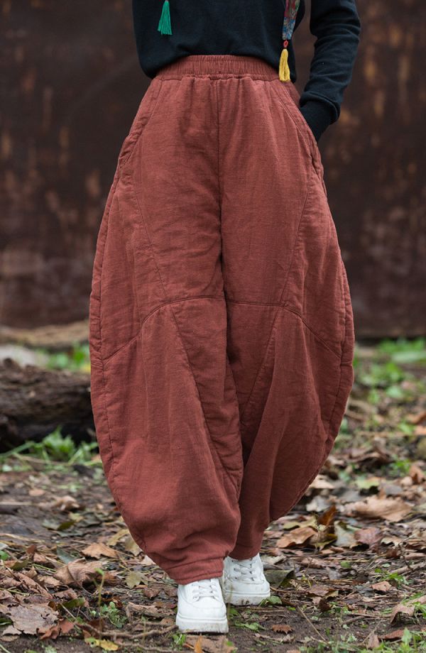 燕燕～秋冬新款 莧麻夾棉加厚炒色燈籠褲 文藝復古棉麻打坐禪修太極褲 長褲 