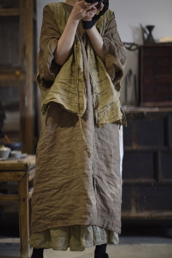 燕燕~棉麻商品~春夏款  亞麻 文藝復古色織條紋開衫繫帶穿搭背心 